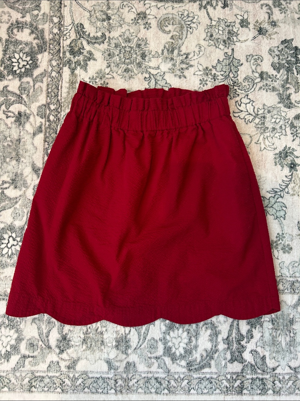 Crimson Scalloped Hem Seersucker Skirt - Women's Elastic Waist